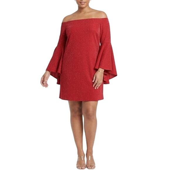 Vince Camuto Dresses & Skirts - Vince Camuto Red Cocktail Dress Metallic Off the Shoulder Mini Sheath Size Large